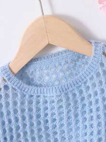 Elladie kids Young Girl Plain Round Neck Hollow-Out Loose Sweater, Long Sleeve - Baby Blue - View 5