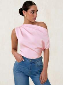 SHEIN Glamour Áo cánh vai nhún bèo bất đối xứng bằng vải satin dành cho nữ, áo sơ mi một vai thanh lịch, rộng rãi, thoải mái, mùa xuân/hè, mặc đi làm và mặc hàng ngày - Hồng - Xem 4