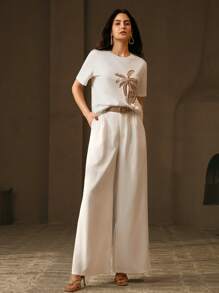 Anewsta 优雅春夏女式白色圆领短袖 T 恤，带串珠花卉刺绣，直筒休闲度假上衣 - 白色 - 查看 2