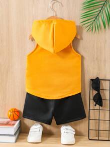 SHEIN 2Pcs Newborn Baby Boys Casual Sports Hooded Vest & Shorts Set,Fashion Street Style,Soft Knit Fabric,Suitable For Outdoor Activities And Sports, Spring/Summer