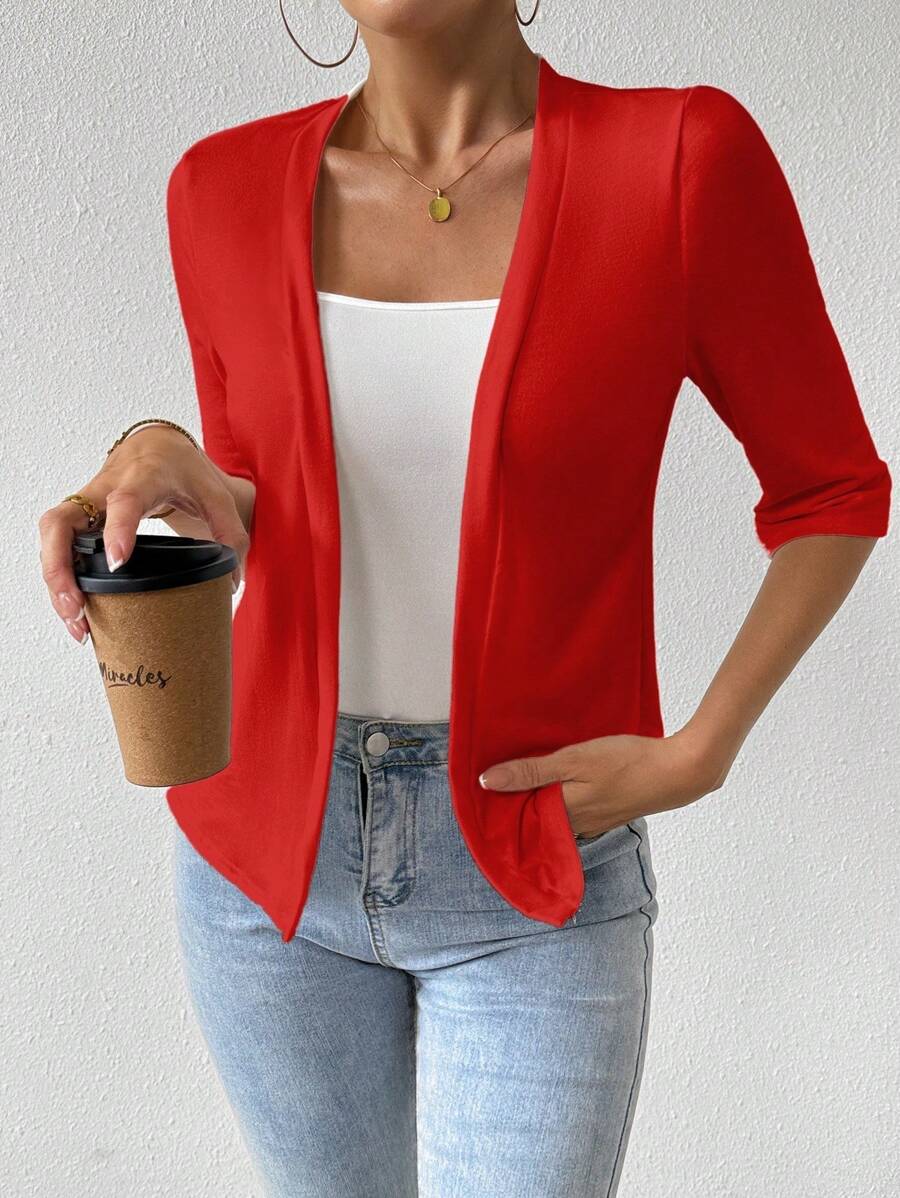 EMERY ROSE Women's Solid Color 3/4 Sleeve Casual Top, Versatile - Red - View 1