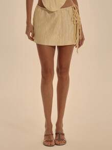 MUSERA Low Rise Multi Tie Side Split Detail Textured Satin Mini Skirt Spring Summer Sexy Club Vacation  New Years Party - Yellow - View 2