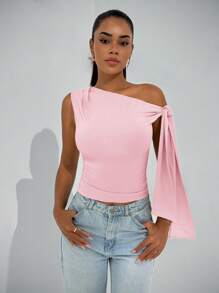 SHEIN BAE Women Asymmetrical Neck Tie Shoulder Casual Blouse, Elegant Club Party & Night Out, Suitable For Autumn Pink - Coral Pink - View 5