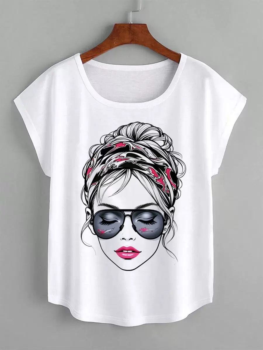 SHEIN LUNE Leopard & Figure Print T-Shirt Graphic Tees Women Tops - White - View 1