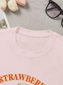 INAWLY Plus Size Damska koszulka z nadrukiem w litery i truskawki, okrągły dekolt, krótki rękaw, casual, na lato