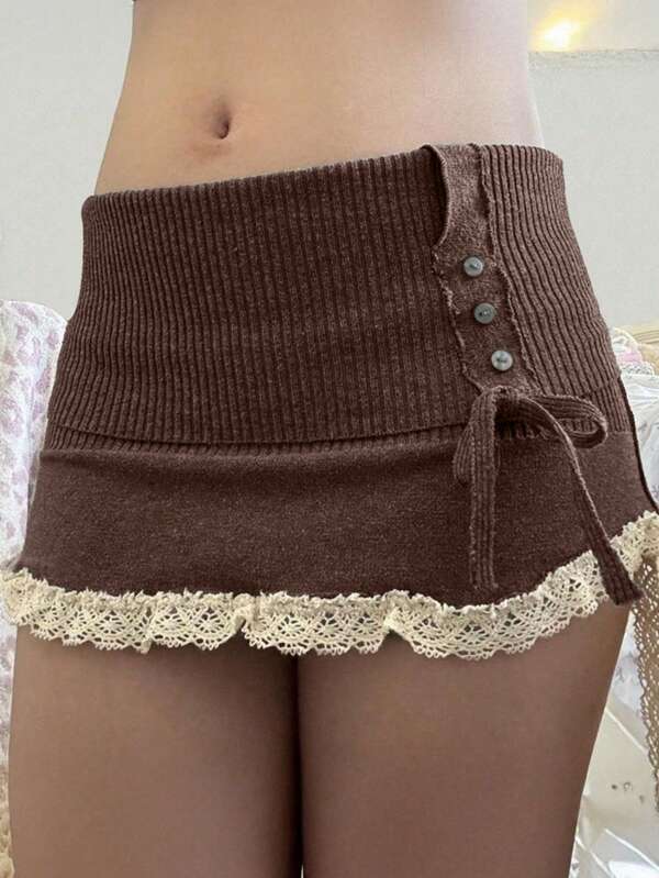 Lace Trim Side Tie-Up Knitted Women Skirt