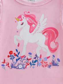 Bộ đồ ngủ 6 món cho bé gái, in hình kỳ lân hoa lá, cổ tròn, tay ngắn và quần legging, quần áo trẻ em gái, quần áo mùa hè cho bé gái, đồ ngủ ôm sát, đồ ngủ vừa vặn. - Nhiều màu - Xem 6