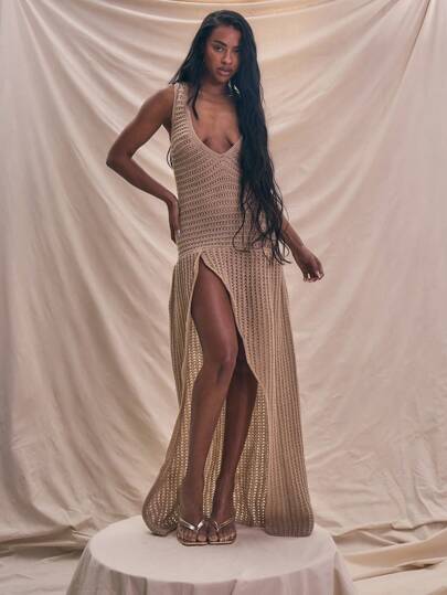 MUSERA 深V露背修身开衩荷叶边长裙，适合假日、夏季度假、可爱、伊比沙岛海滩、音乐节、冬季和日常穿着，时尚别致