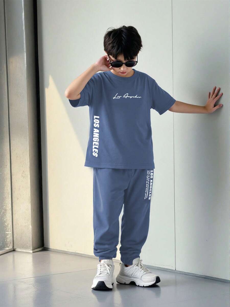 SHEIN Mirajuku Tween Boys Casual Short Sleeve T-Shirt And Pants Co-Ord Set - Navy Blue - View 1