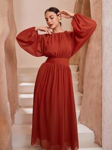 Graceveil Ruched Chiffon Flare Arabic Style Dress For Women - Red - View 7