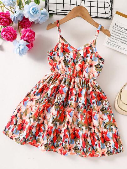 SHEIN Girl's Ditsy Floral Spaghetti Strap Dress, Suitable For Party, Beach, Holiday, Summer Summer Girl Dresses