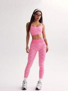SHEIN Sport Studio Women's Bow Printed Halter Top And Sweatpants Sports Suitwomen Workout Set