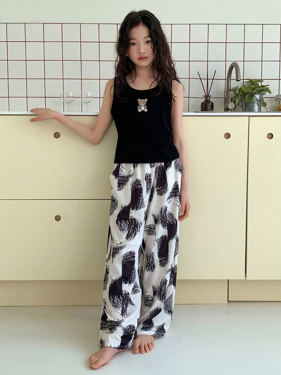 DAZY Tween Girl Girls' Bear Print Camisole + All-Over Print Long Pants Homewear Set, Spring/Summer, Plus Size - Black - View 1