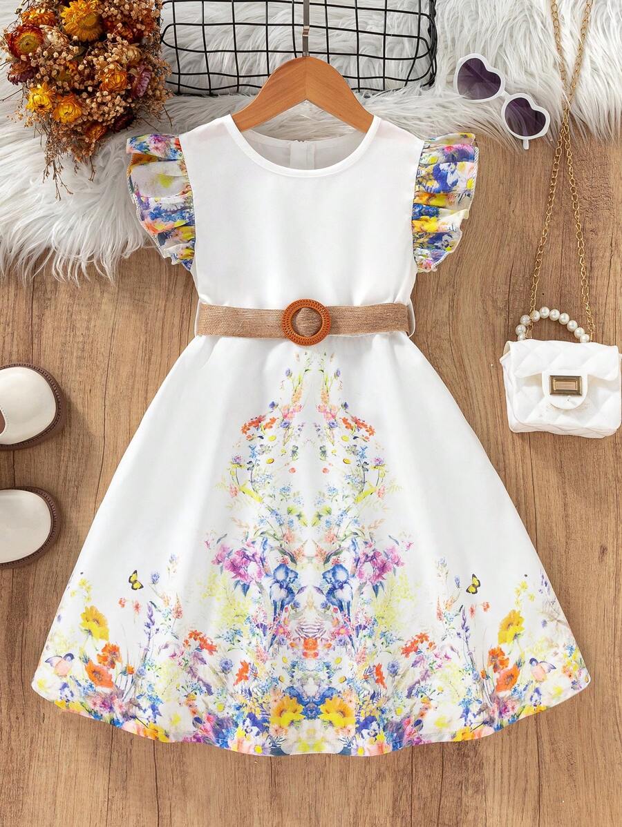 SHEIN Young Girls Floral Field Vacation Picnic Straw Waist Dress