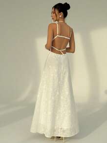 Aloruh New Arrival Pure White Backless Spaghetti Strap Embroidered Flowy Long Dress, Slim Fit Vacation/Beach Party Dress, Spring/Summer - White - View 5