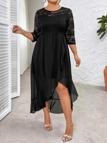 SHEIN Clasi Plus Size Women Lace Patchwork Asymmetrical Hem Dress