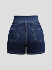 SHEIN Essnce Casual Washed Front Button Slim Fit Denim Shorts - Dark Wash - View 2