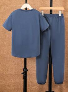 SHEIN Mirajuku Tween Boys Casual Short Sleeve T-Shirt And Pants Co-Ord Set - Navy Blue - View 2