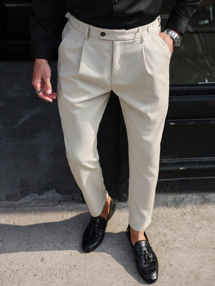 Manfinity Mode Calças de terno masculinas plus size minimalistas e elegantes, adequadas para o verão - Damasco - Ver 1