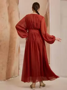 Graceveil Ruched Chiffon Flare Arabic Style Dress For Women - Red - View 2