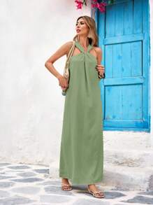 Vivid Eden Solid Color Woven Halter Dress For Women,S,For Summer Beach Vacation,Casual Style,Festival,Vacation Dress,Summer Outfits For Women,Beach Outfits For Women