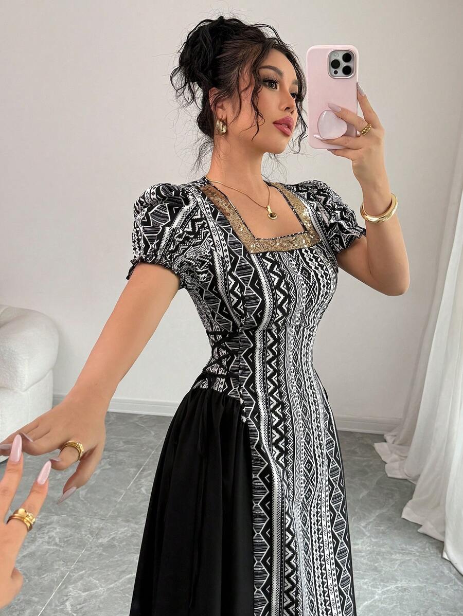 Breezaya Women Rectangular Neck Side Tie Waist A-Line Graceful Dress, Short Sleeve, Geometric Print, Lantern Sleeve, Arabic Style - Black - View 1