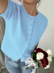Gloray New Loose Fit Casual Knit Top, Pink Simplistic Button Decoration Short Sleeve Sweater For Women, Autumn/Winter