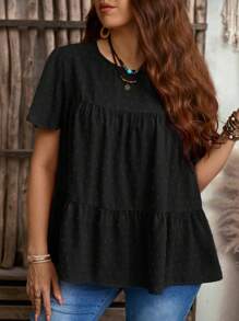 EMERY ROSE 加大码女式纯色圆领荷叶边短袖宽松衬衫，波西米亚风夏季，西部女装，度假