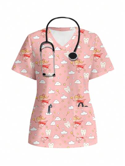 PopScrub Áo đồng phục y tá đơn giản giản dị in hình răng sao và mây hoạt hình Magic Girl