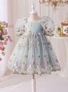 Young Girl Woven Mesh Embroidered Square Collar Fitted Dress - Blue - View 6