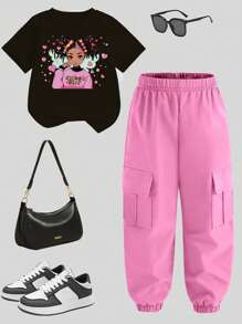 SHEIN Bộ 2 áo thun cổ tròn tay ngắn họa tiết tối giản thường ngày cho bé gái và quần túi hộp, phù hợp cho mùa hè - màu đen - Xem 3