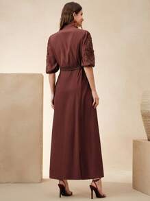 Anewsta Đầm đô thị thanh lịch cổ đứng tay dài buộc eo, thích hợp cho mùa xuân/hè, ngày lễ tình nhân, đêm hẹn hò - Đỏ - Xem 2