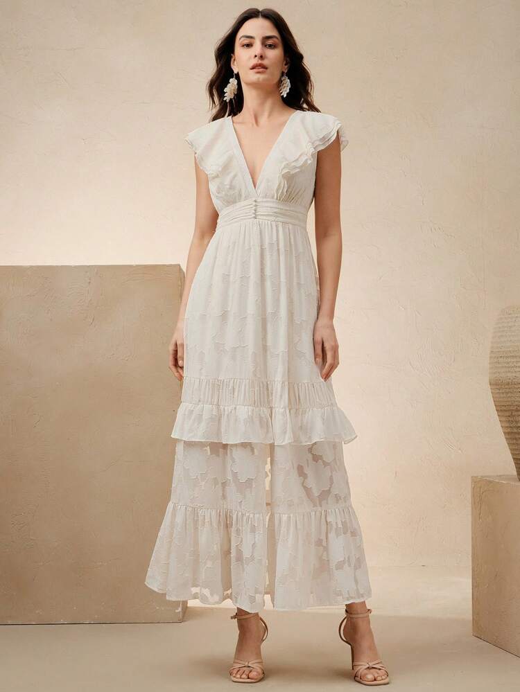 Women's Jacquard Ruffle Hem Elegant Vacation Dress, Suitable For Spring, Summer, Weddings, Graduations