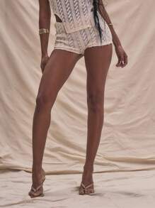 MUSERA Shorts mini ajustados de punto texturizado para verano, vacaciones, estilo bohemio, elegante, vacaciones en Ibiza, festival, rave, otoño, invierno, Navidad, Año Nuevo, fiesta - Crema - Ver 3