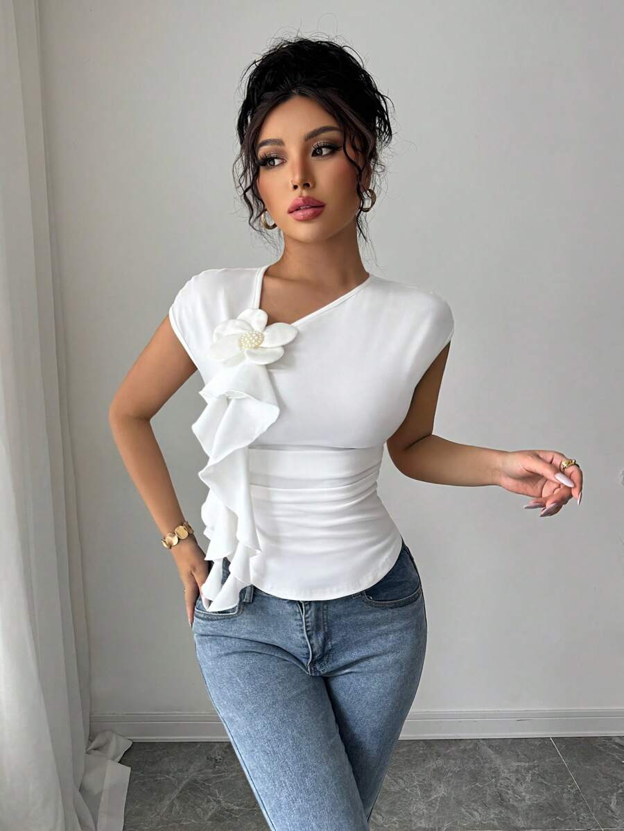 Elenzga Dames Lente/Zomer Elegante Modieuze Getailleerde Gerimpelde 3D Bloemen Decoratieve Gebogen Zoom Korte Mouw T-shirt, Geschikt Voor Dagelijks Casual, Feest, Woon-werkverkeer