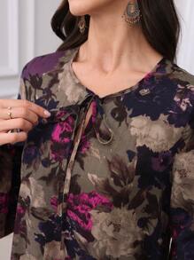 Al Najma Cotton Floral Print Lace-Up Collar Comfortable Dress,Modest - Purple - View 7