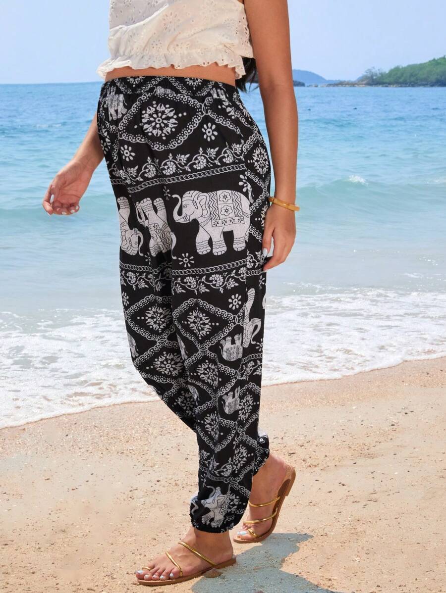 SHEIN Spodnie Harem Retro Print dla kobiet w ciąży na wakacje na plaży