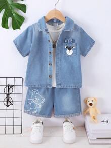 2 件套 男童休闲翻领花纹衬衫 + 牛仔短裤套装