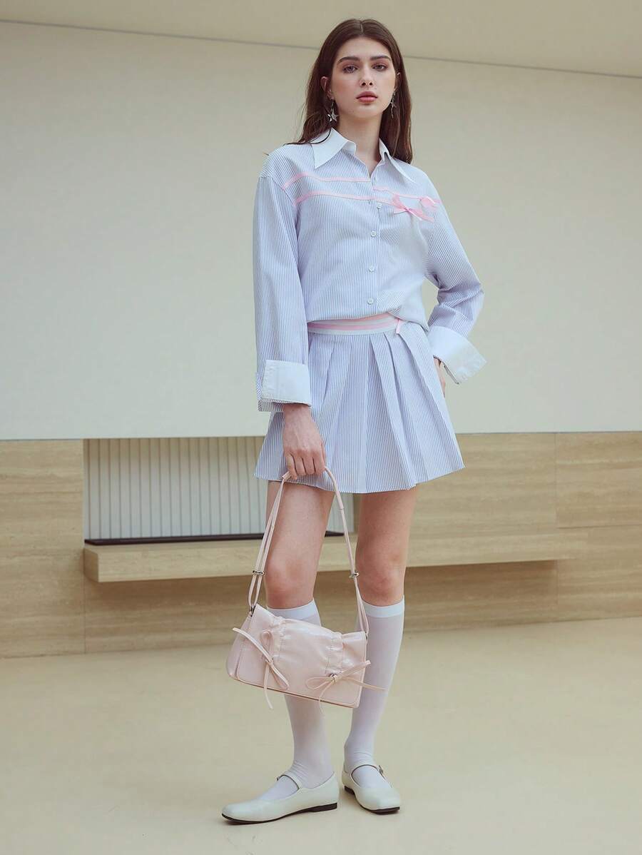 MOTF STUDIO Gestreifte Plisseerock-Shorts - Blau - Übersicht 1