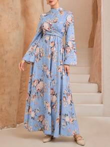 Graceveil Stand Collar Cross Strap Flare Sleeve Women Arabic Long Dress - Blue - View 4