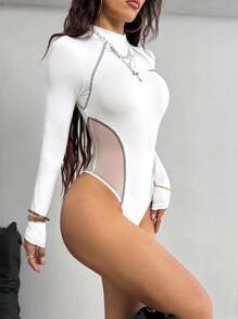 Coolane Women's Fall/Winter Y2K Cargo Basic Knit & Mesh Zip Up Black Slim Fit Bodysuit,Snow Women Outfits - White - View 2