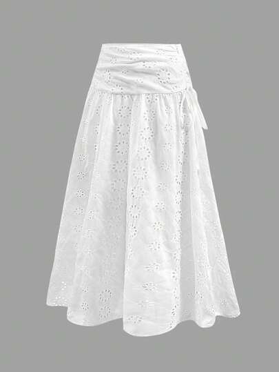 SHEIN MOD Women's Vintage White Hollow Embroidered Skirt,Boho Summer Picnic Vacation Holiday Beach Skirt, Court Style,70s Country Casual Skirt
