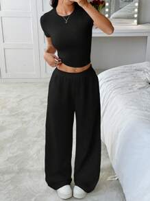 SHEIN EZwear 2 件套夏季灰色修身短袖 T 恤和宽松运动裤休闲装 - 黑色 - 查看 3