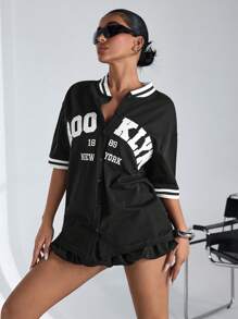 RueChic Letter Graphic Striped Trim Drop Shoulder Tee - Black - View 7