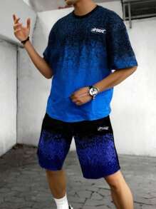 SHEIN Leap Crew Teen Boys' Ombre Blue Sports Shorts Set, Casual Academic Style, Comfortable, Fashionable, Versatile, Soft, Suitable For Daily Wear, School, Outings, Sports, Beach - Multicolor - View 1