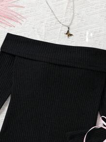 SHEIN Elladie kids Mono de niña con mangas de campana y lazo - Negro - Ver 4