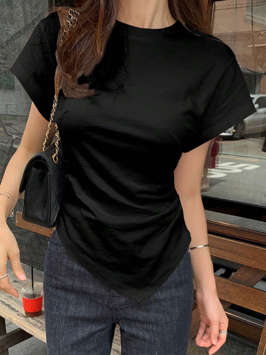 DAZY 女式修身不对称下摆腰部收褶 T 恤夏季 - 黑色 - 查看 1