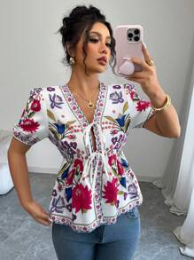 Elenzga Women's Floral Print Tie Front Short Puff Sleeve Casual Blouse