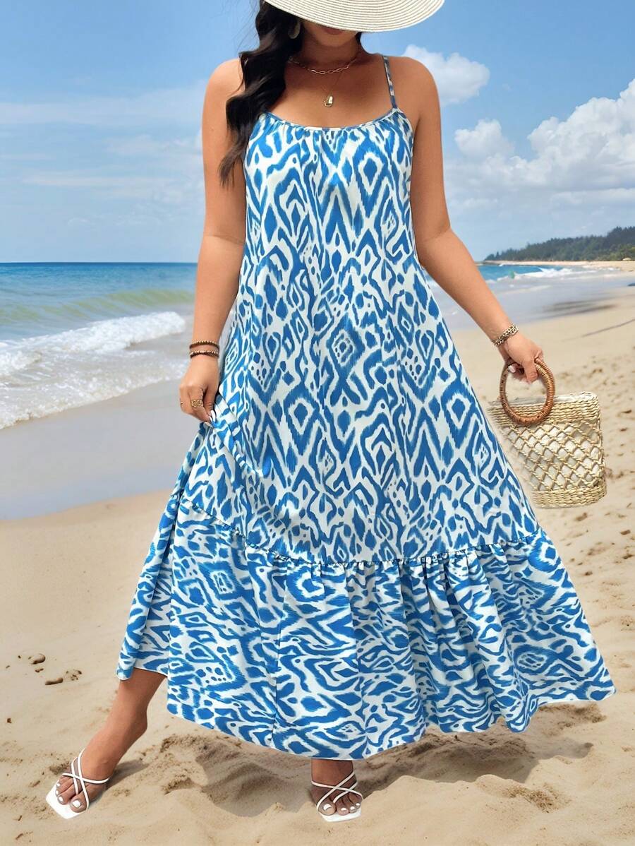 Breezaya Plus Size Women Vacation Casual Floral Print Camisole Dress - Blue - View 1