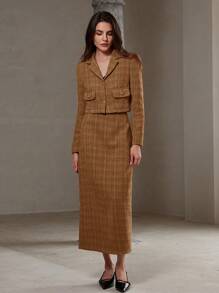 Aveloria Modichic 2pcs French Chic Tweed Notch Collar Jacket And Mini Skirt Set For Women, Autumn Holiday Party Clothes  Fall Cloth For Women